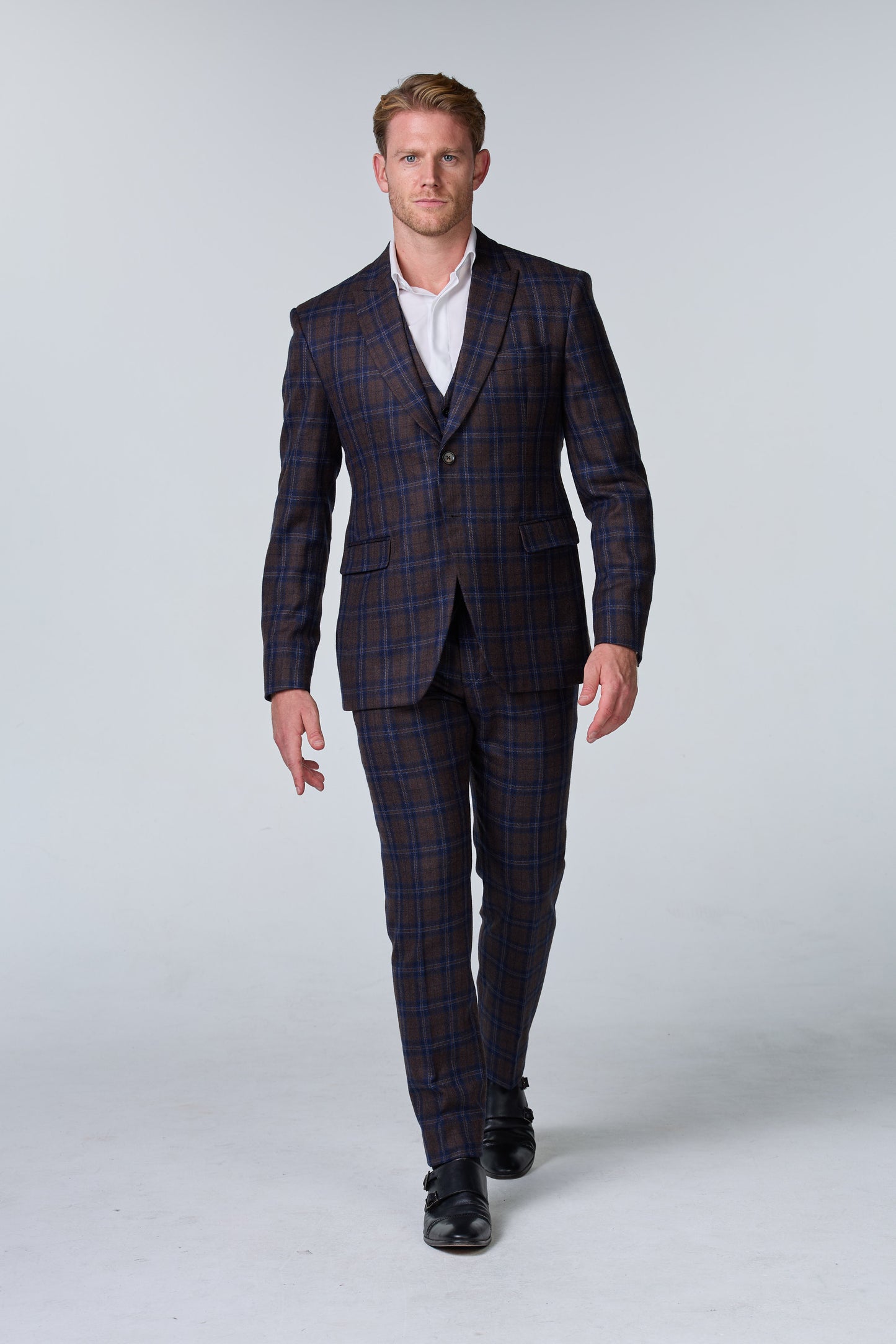 Blauer Tweed Anzug im British Chic, kariert, Peaky Blinders Stil - premium
