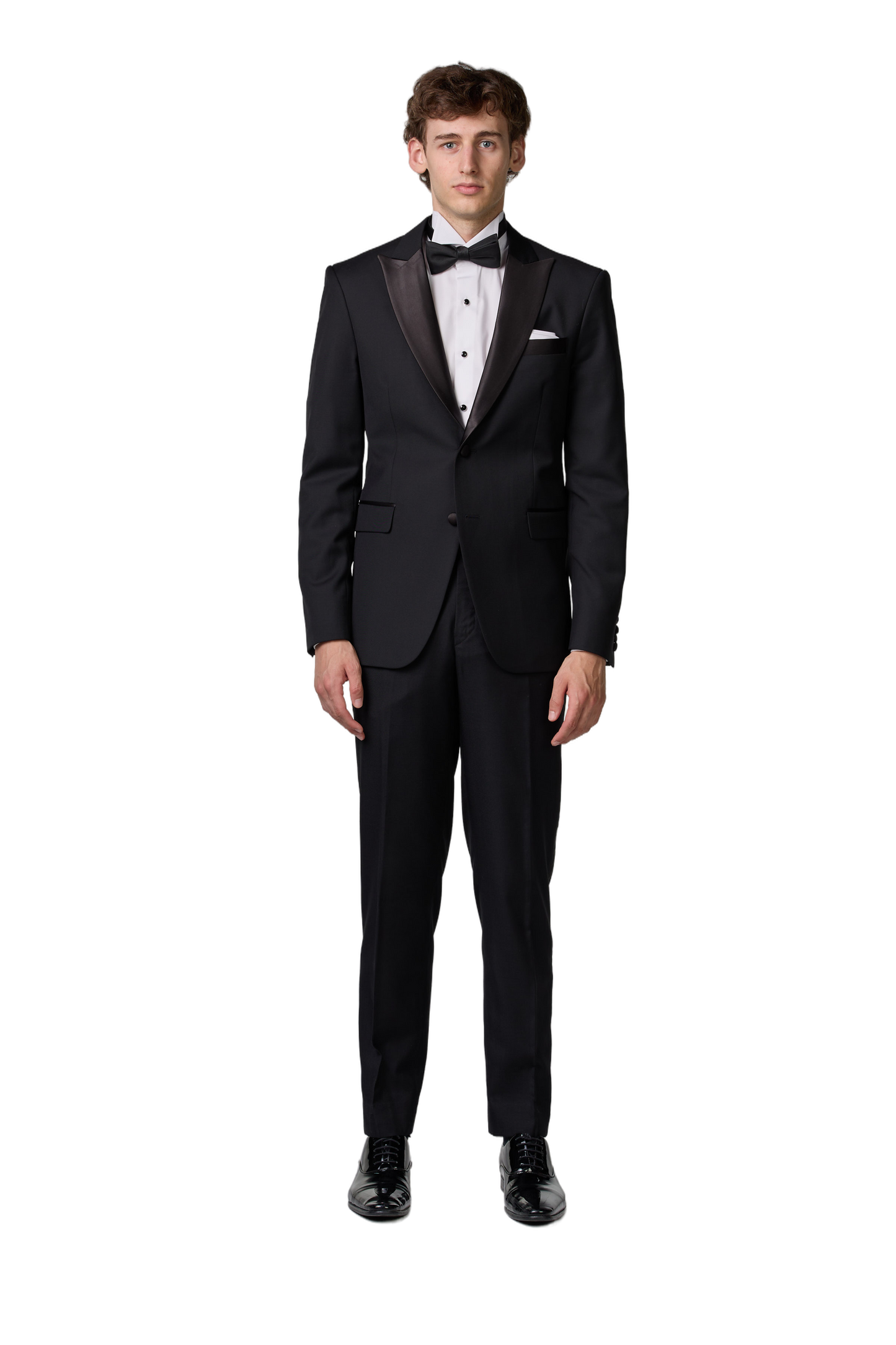 Schwarzer Smoking mit steigendem Revers