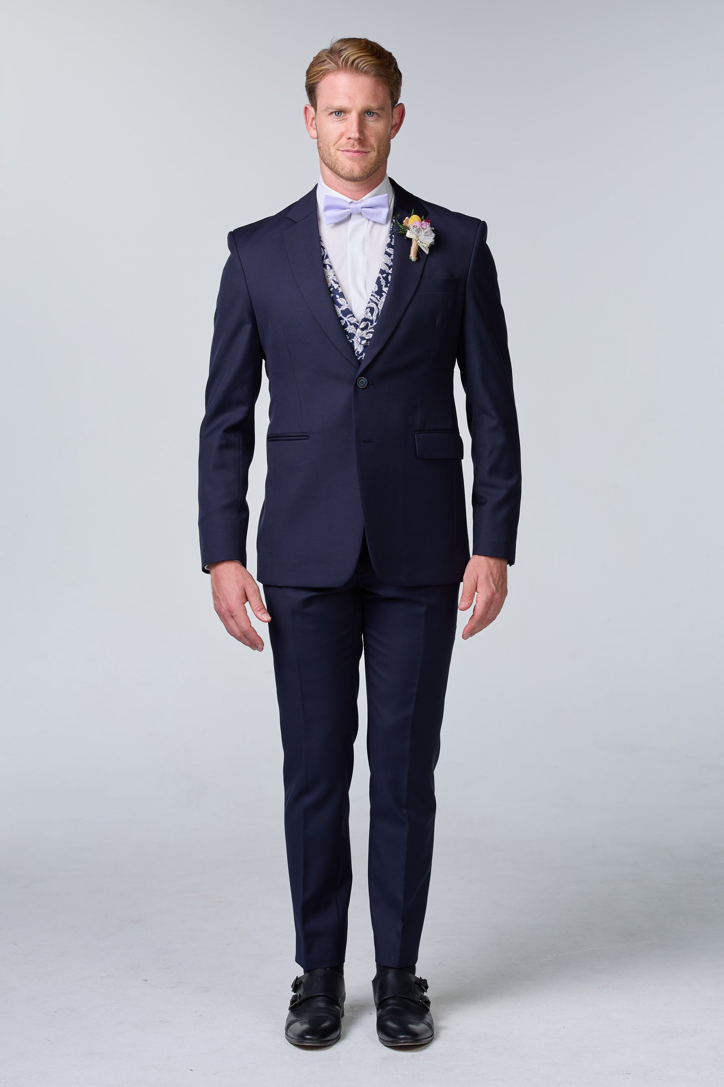 Blauer Hochzeitsanzug inkl. Weste mit Blumenmuster - budget