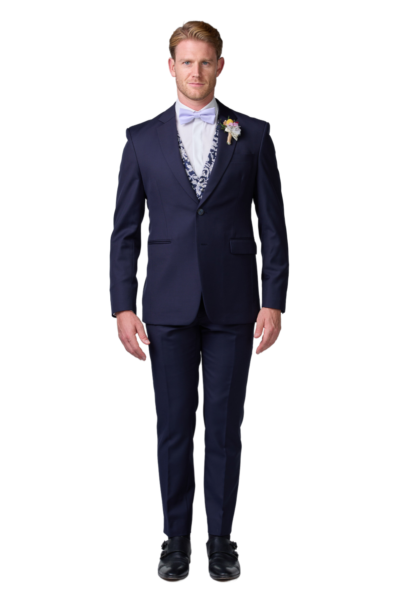 Blauer Hochzeitsanzug inkl. Weste mit Blumenmuster - budget