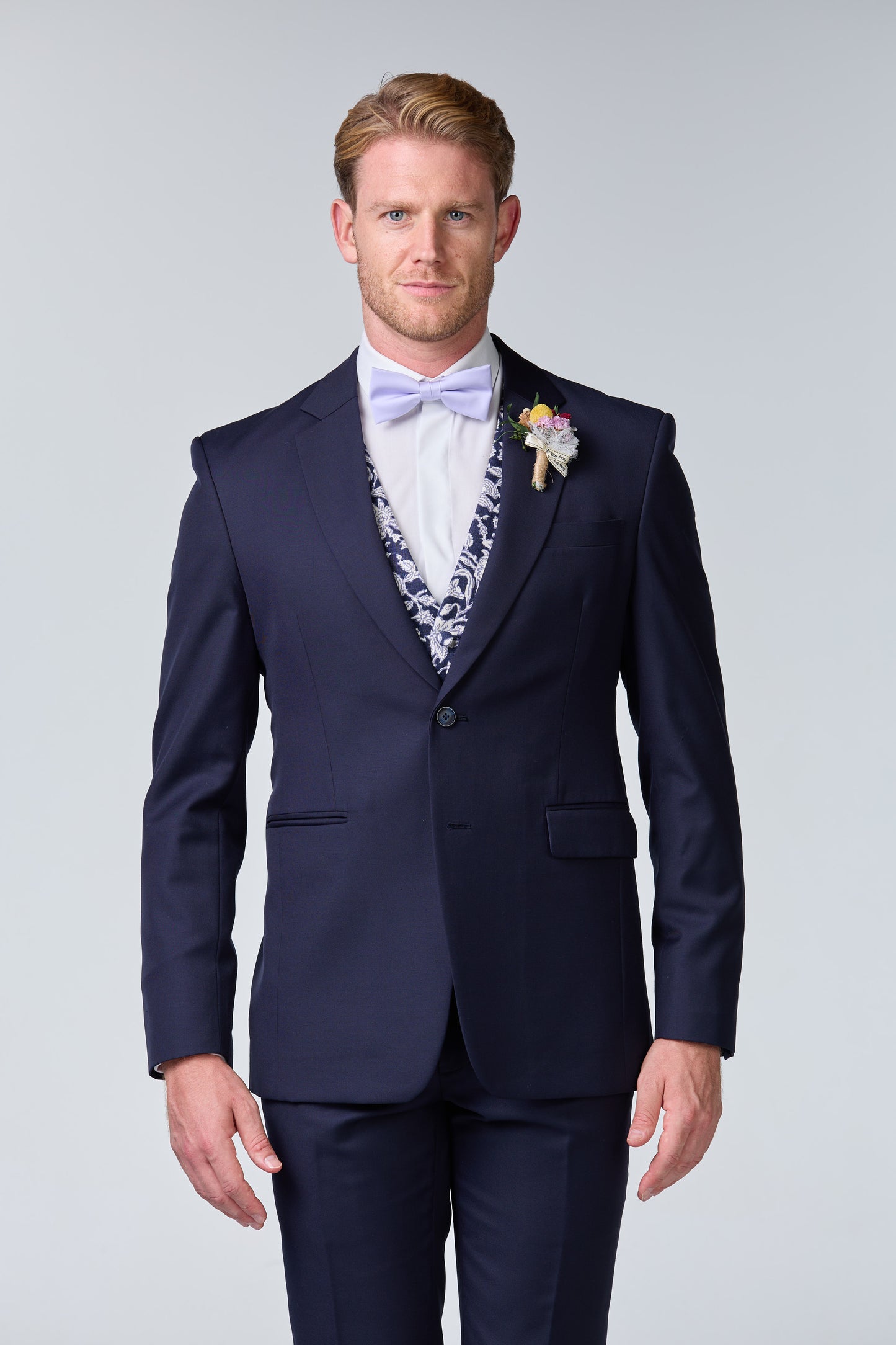 Blauer Hochzeitsanzug inkl. Weste mit Blumenmuster - budget