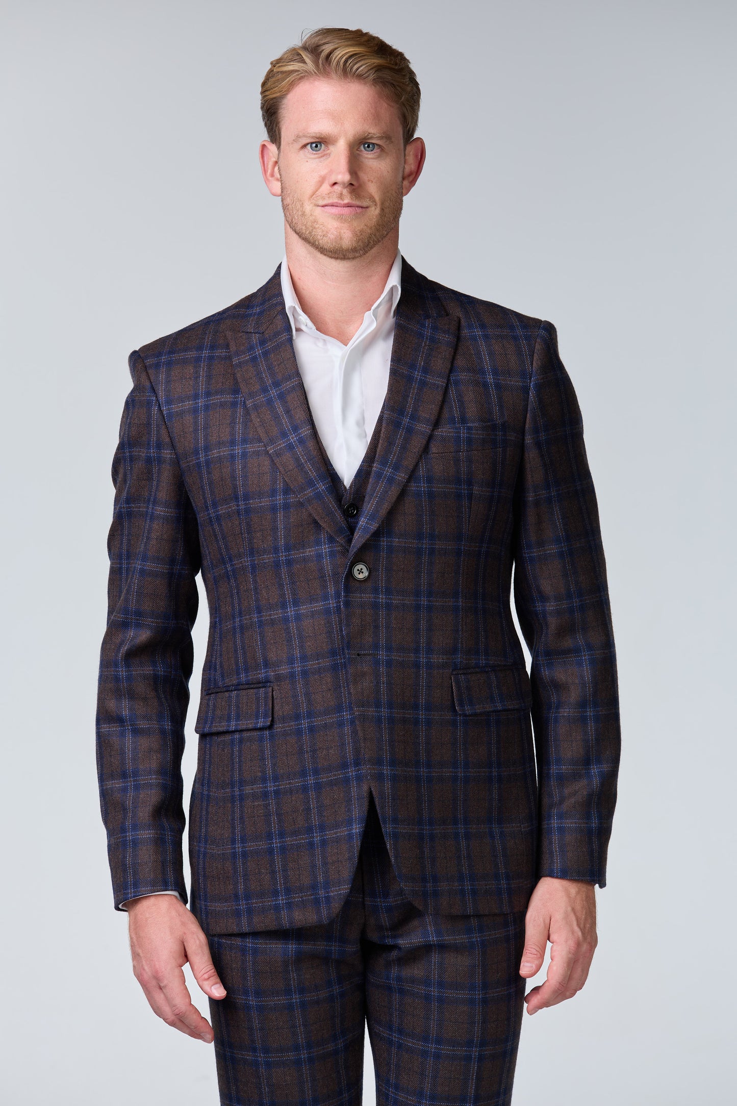 Blauer Tweed Anzug im British Chic, kariert, Peaky Blinders Stil - premium