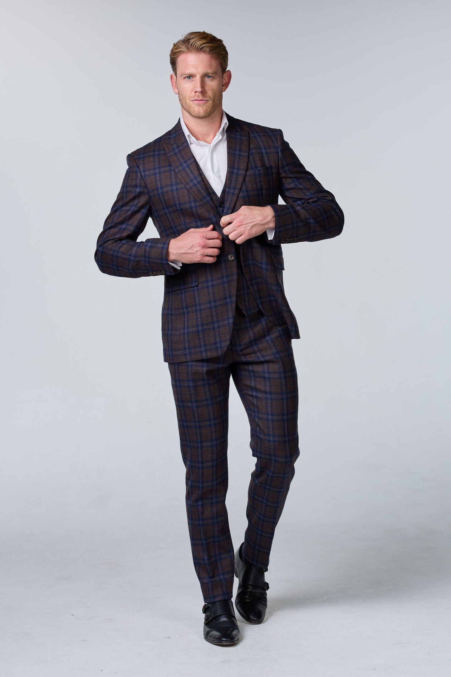 Blauer Tweed Anzug im British Chic, kariert, Peaky Blinders Stil - budget